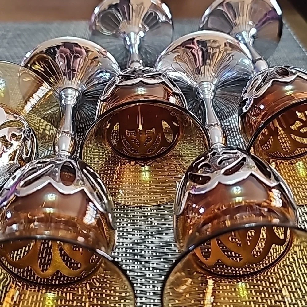 Vintage Farber Brothers Amber Silver Stems Glassware 6 Cordial Sherry Glasses